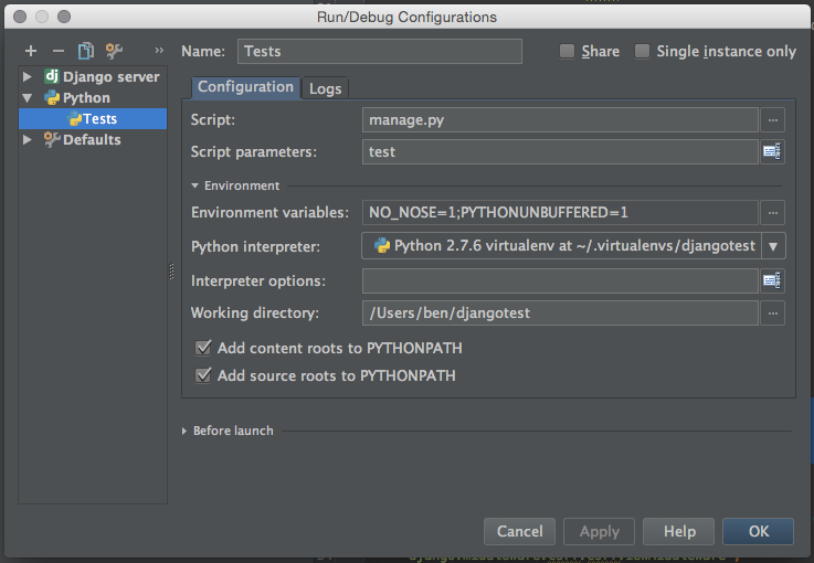 Configuration for PyCharm to make tests work in debug.